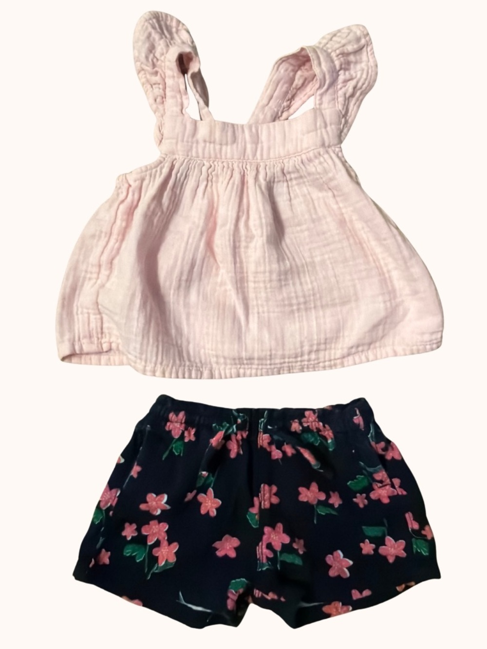 Old Navy Pink Ruffle Strap Tank Top & Navy Floral Shorts Set